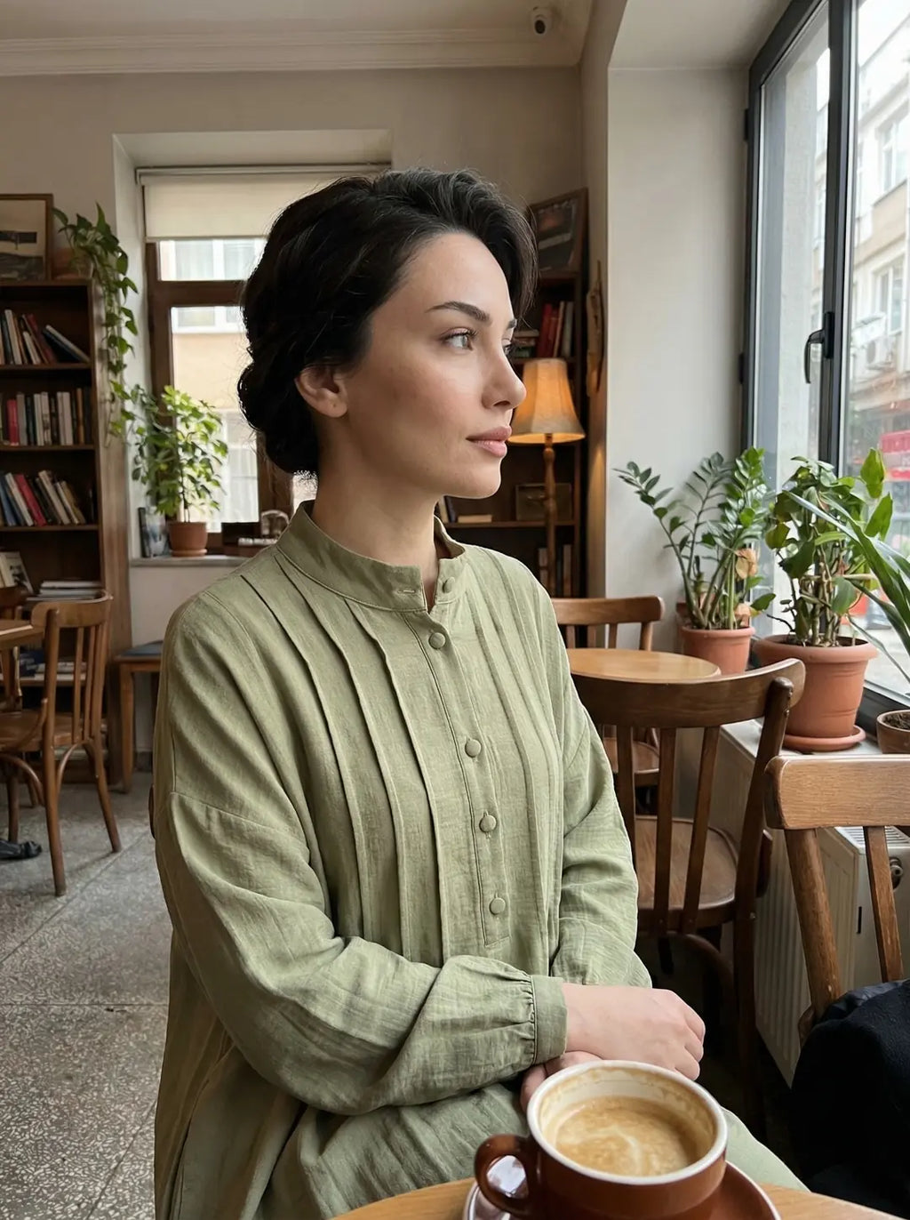 Nervürlü Müslin Elbise - Yeşil