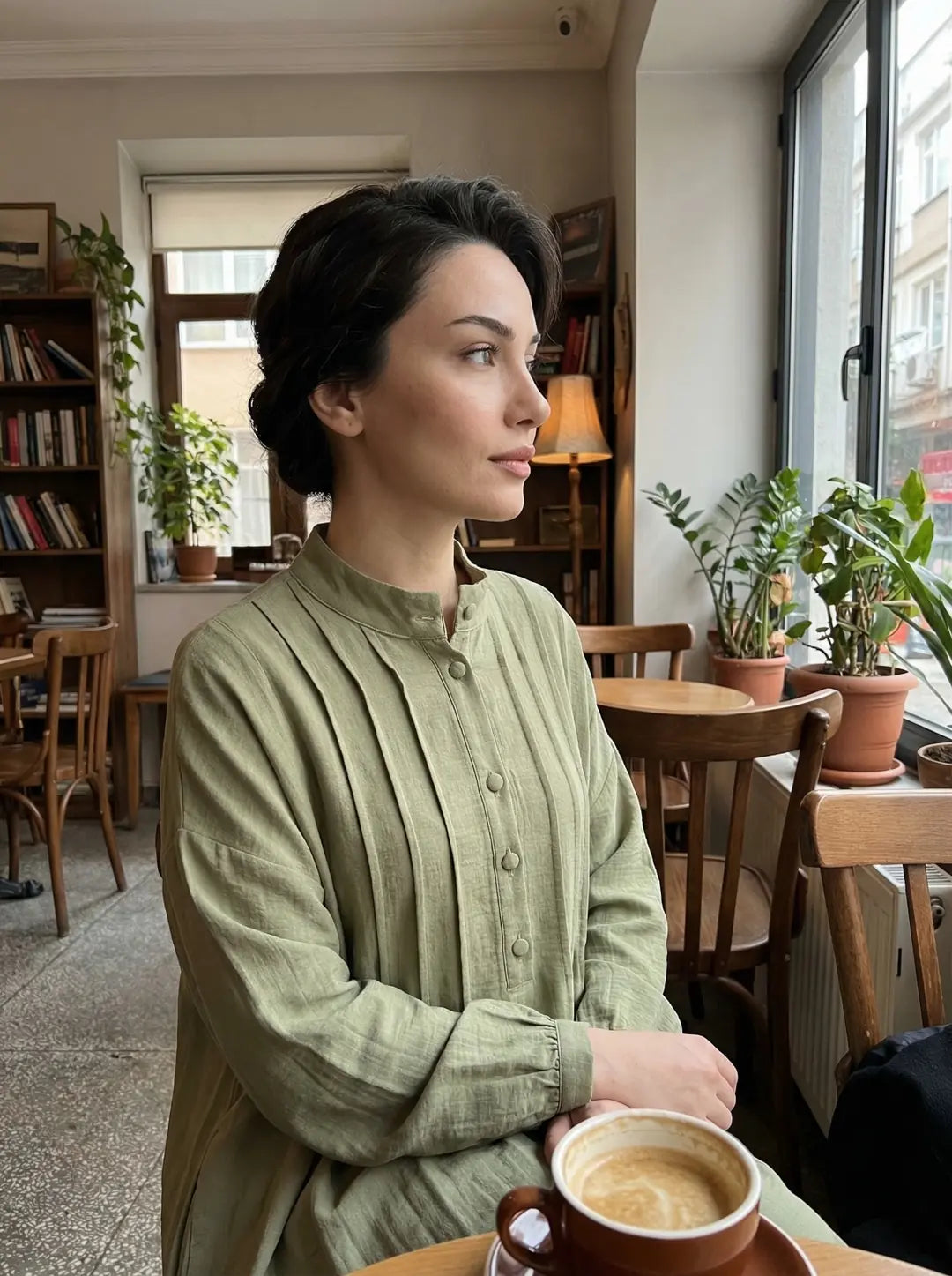 Nervürlü Müslin Elbise - Yeşil