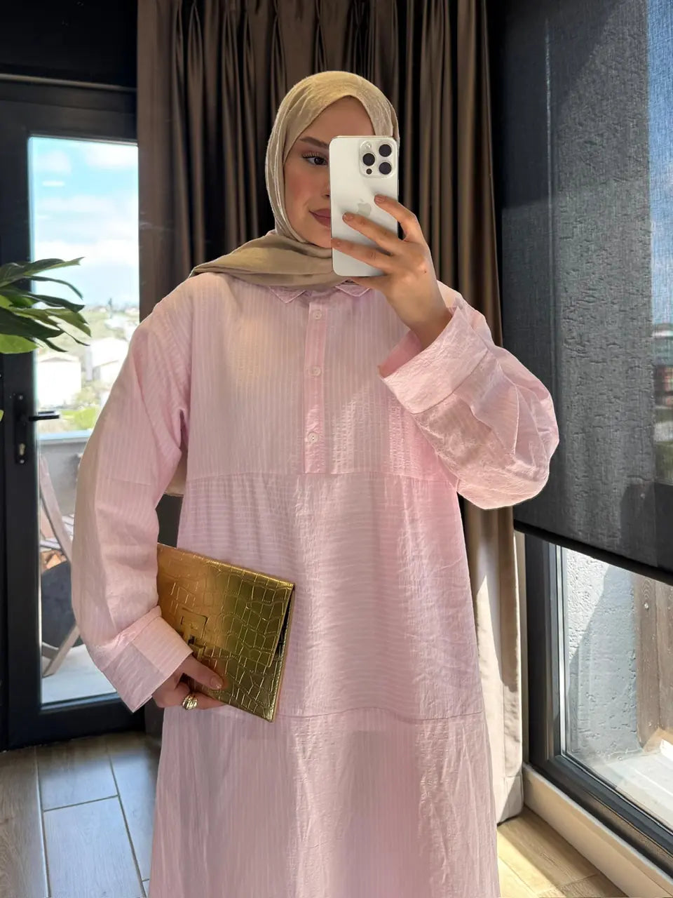 Çizgili Pamuklu Elbise - Pembe