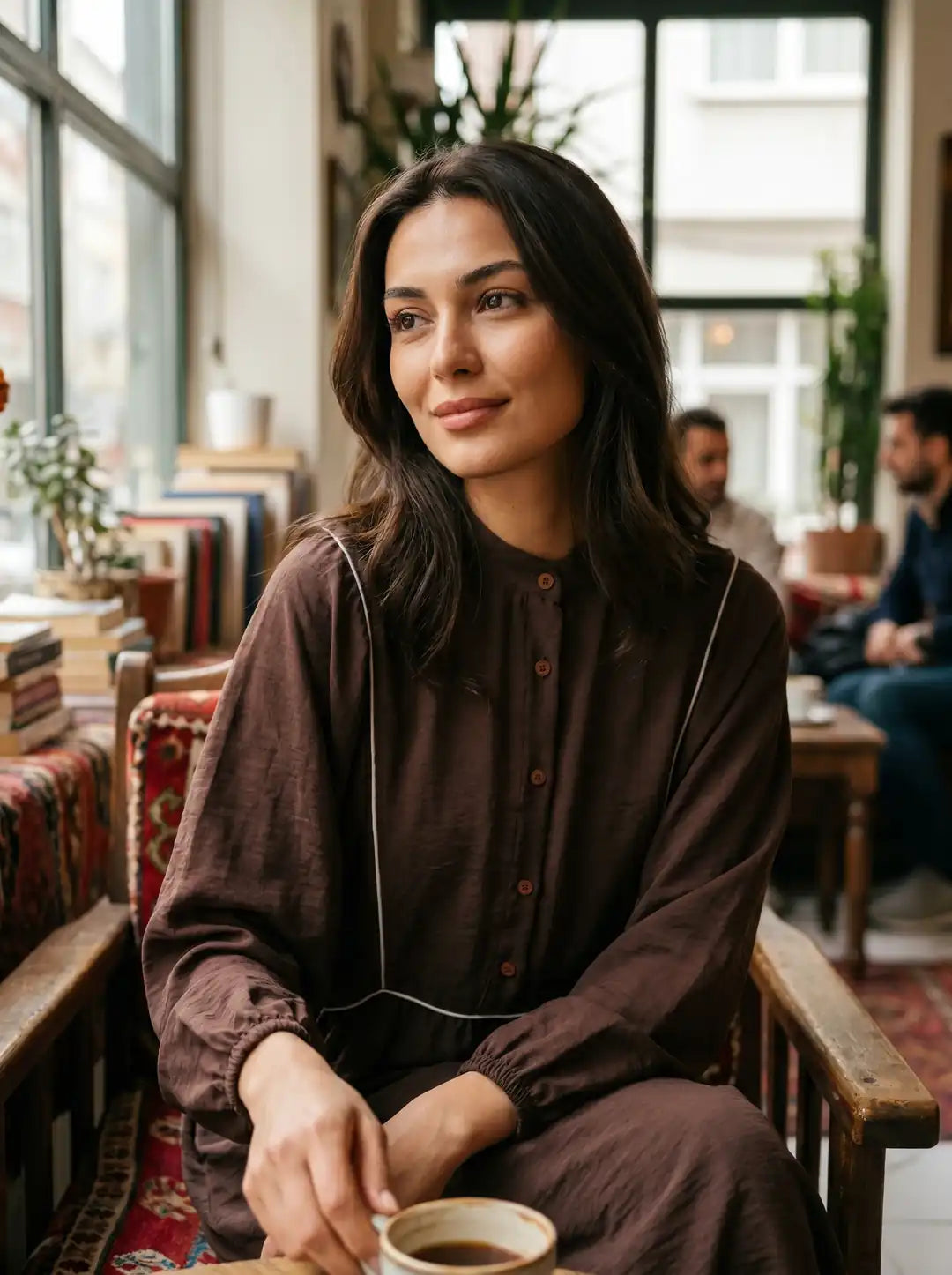 Biritli Modal Elbise - Kahverengi