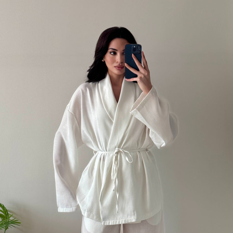 Premium Şal Yaka Keten Takım - Beyaz