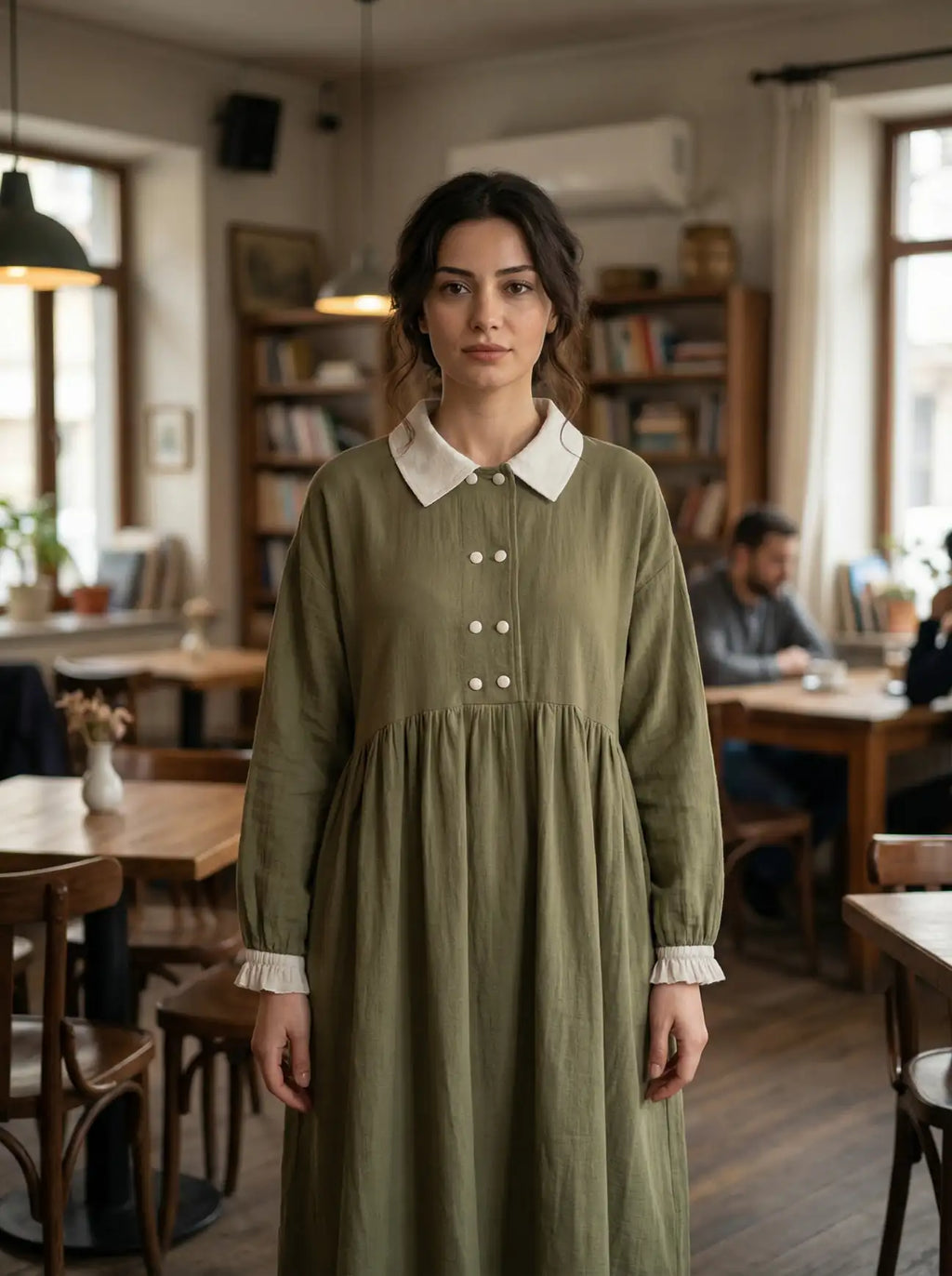 Çift Renk Müslin Elbise - Yeşil